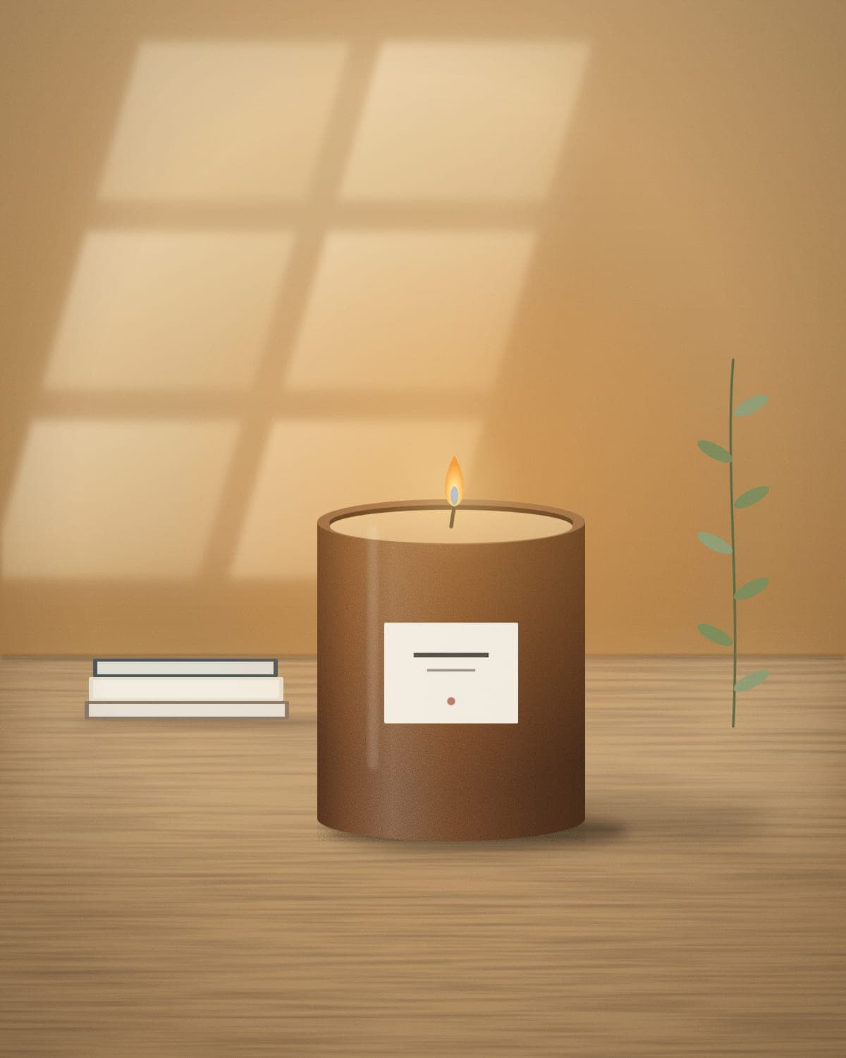 A lit amber candle on an oak table beside books, in warm window light