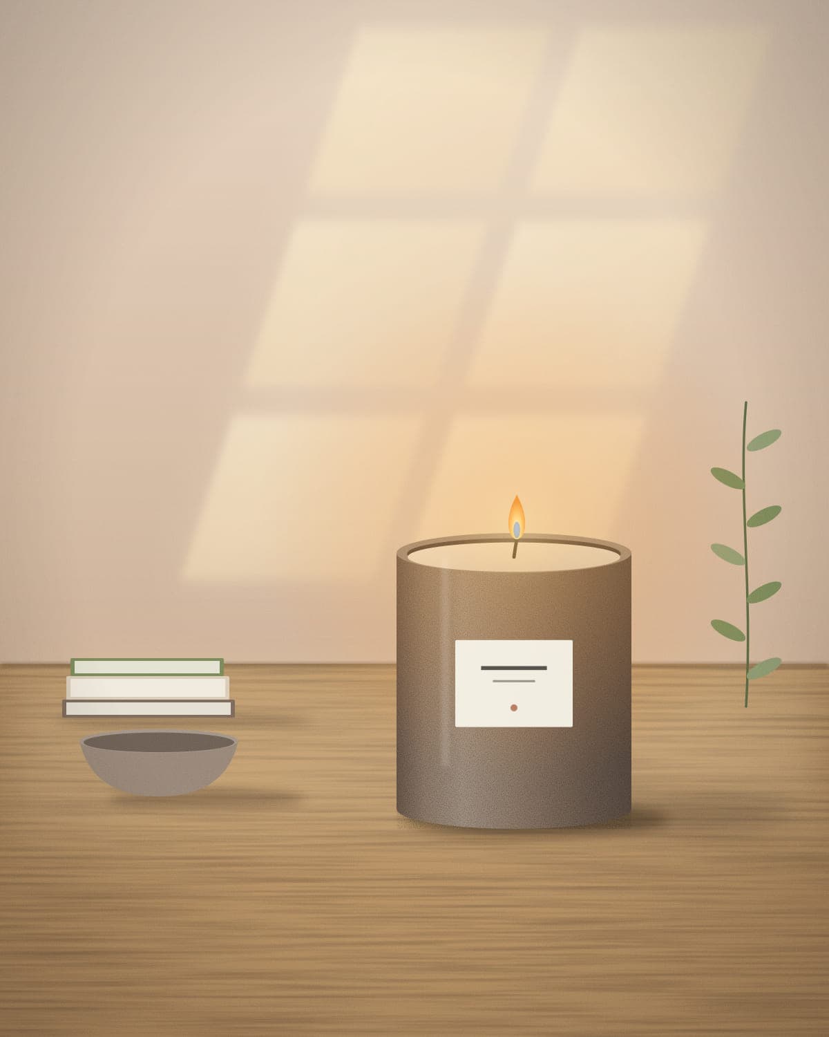 Aften candle burning on a wooden table beside linen and ceramics