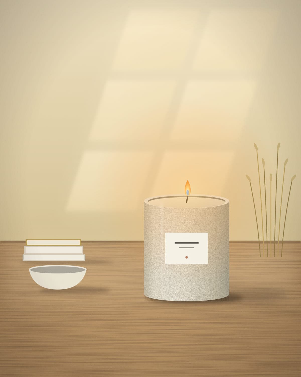 Eng candle burning on a wooden table beside linen and ceramics