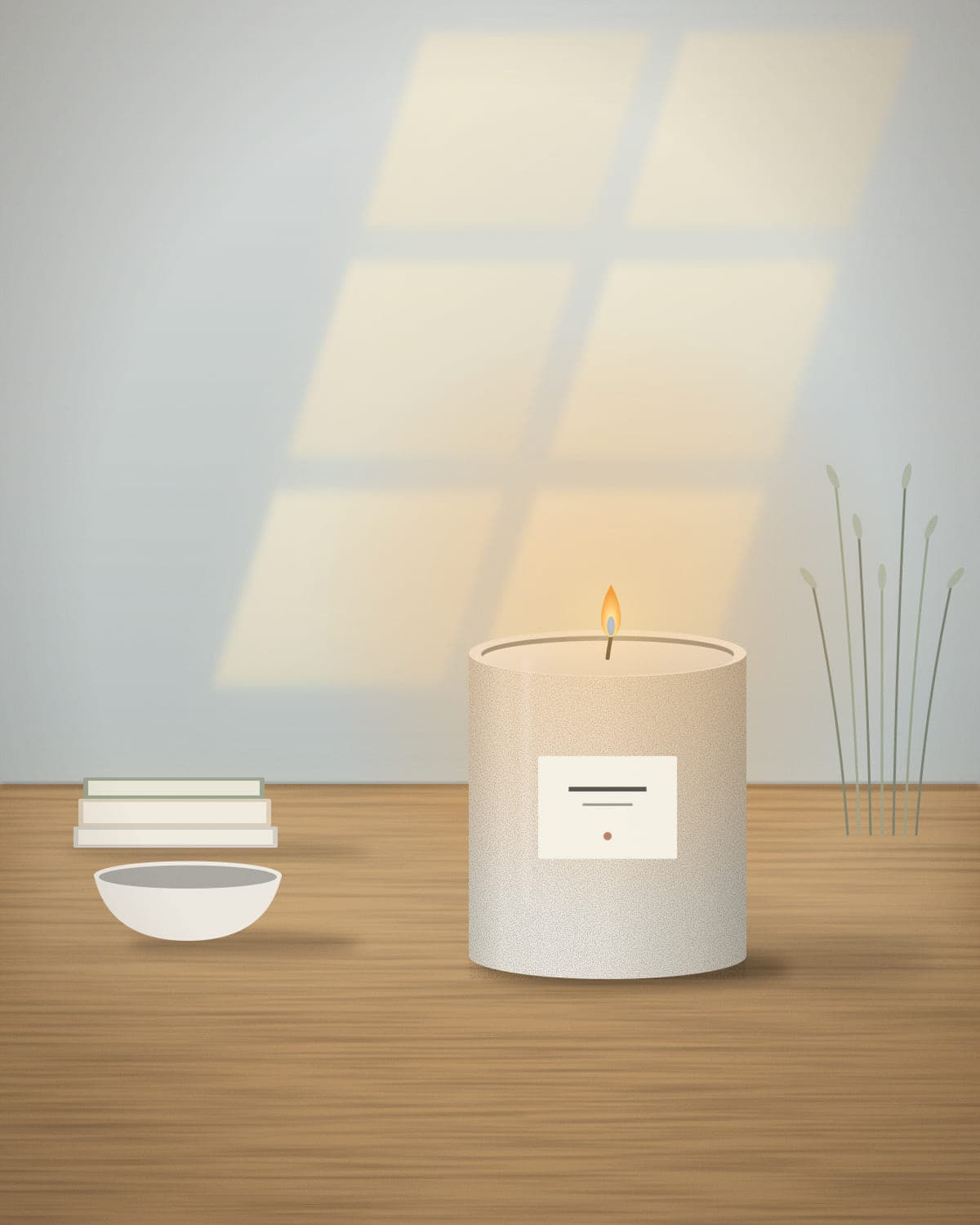 Hav candle burning on a wooden table beside linen and ceramics