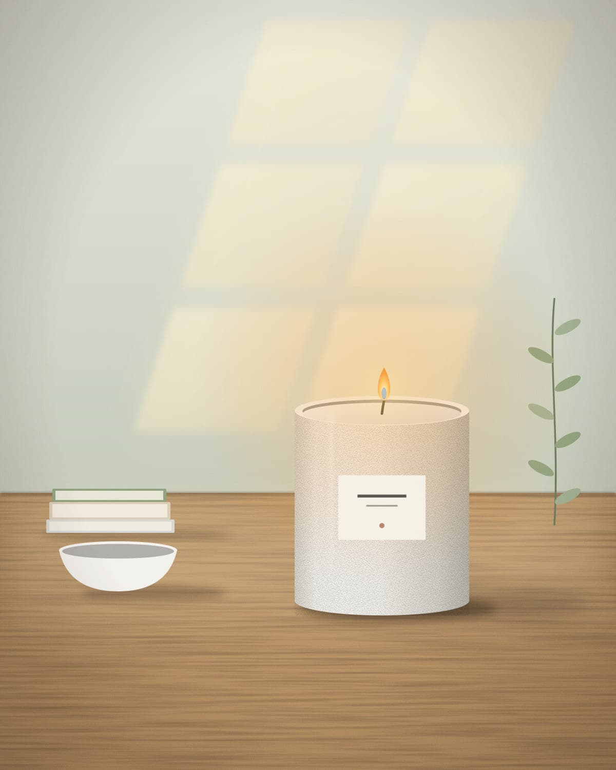 Morgendug candle burning on a wooden table beside linen and ceramics