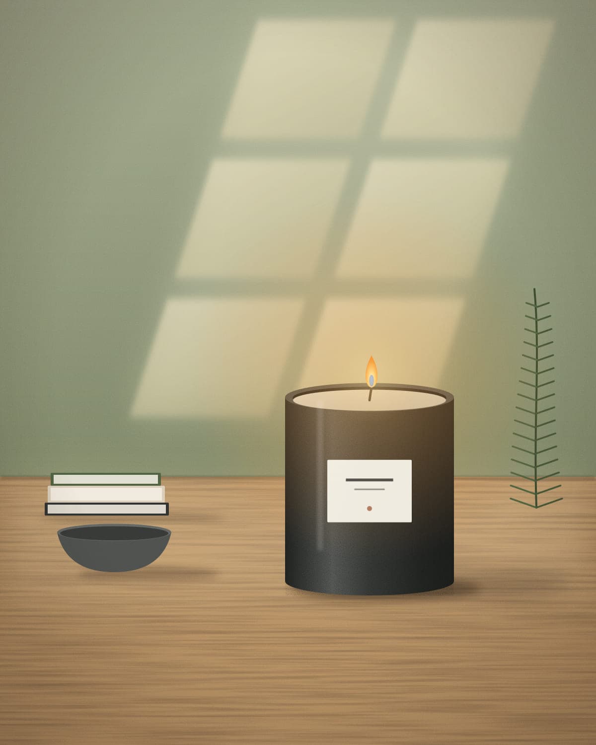 Mos candle burning on a wooden table beside linen and ceramics