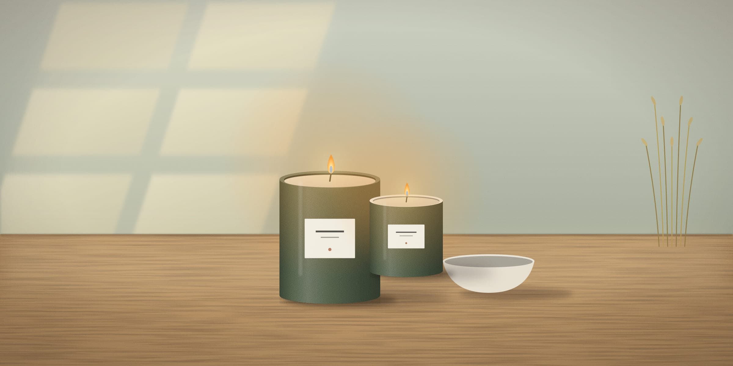 Candles burning on an oak table in warm window light