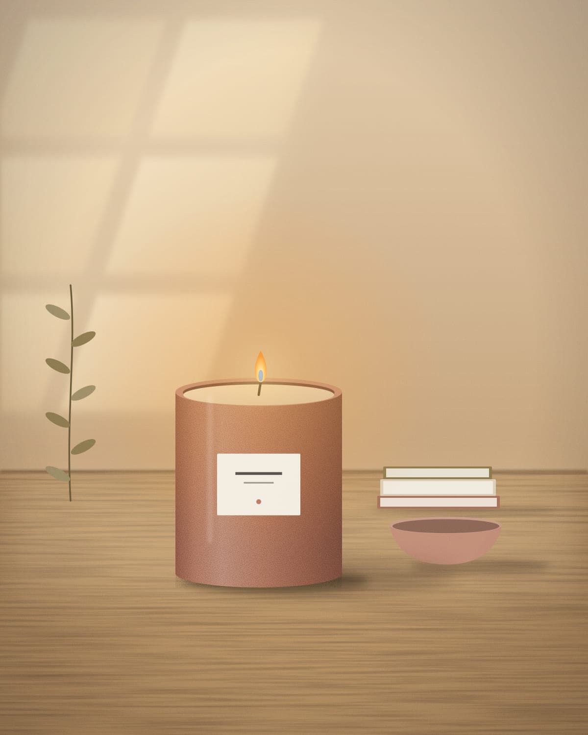 Bagt Æble candle burning on a wooden table beside linen and ceramics