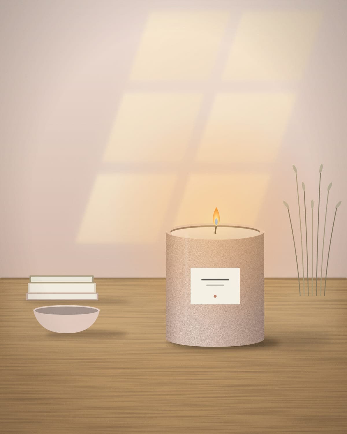 Hyldeblomst candle burning on a wooden table beside linen and ceramics