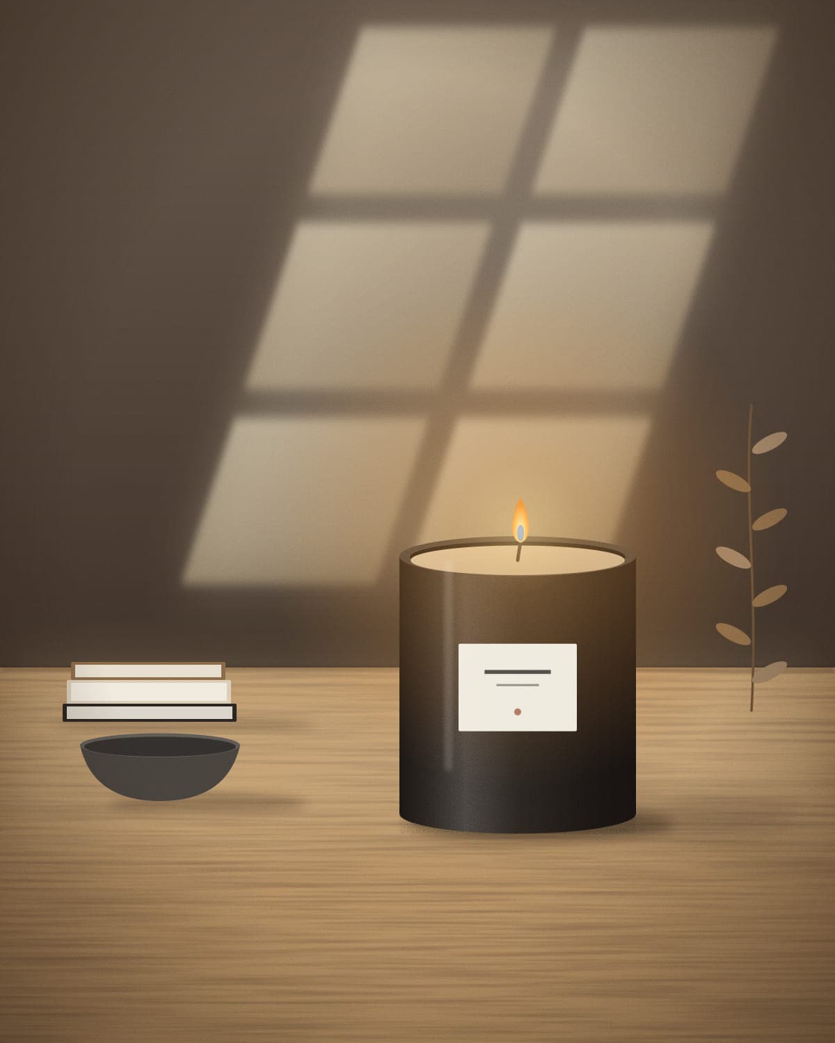 Kakkelovn candle burning on a wooden table beside linen and ceramics