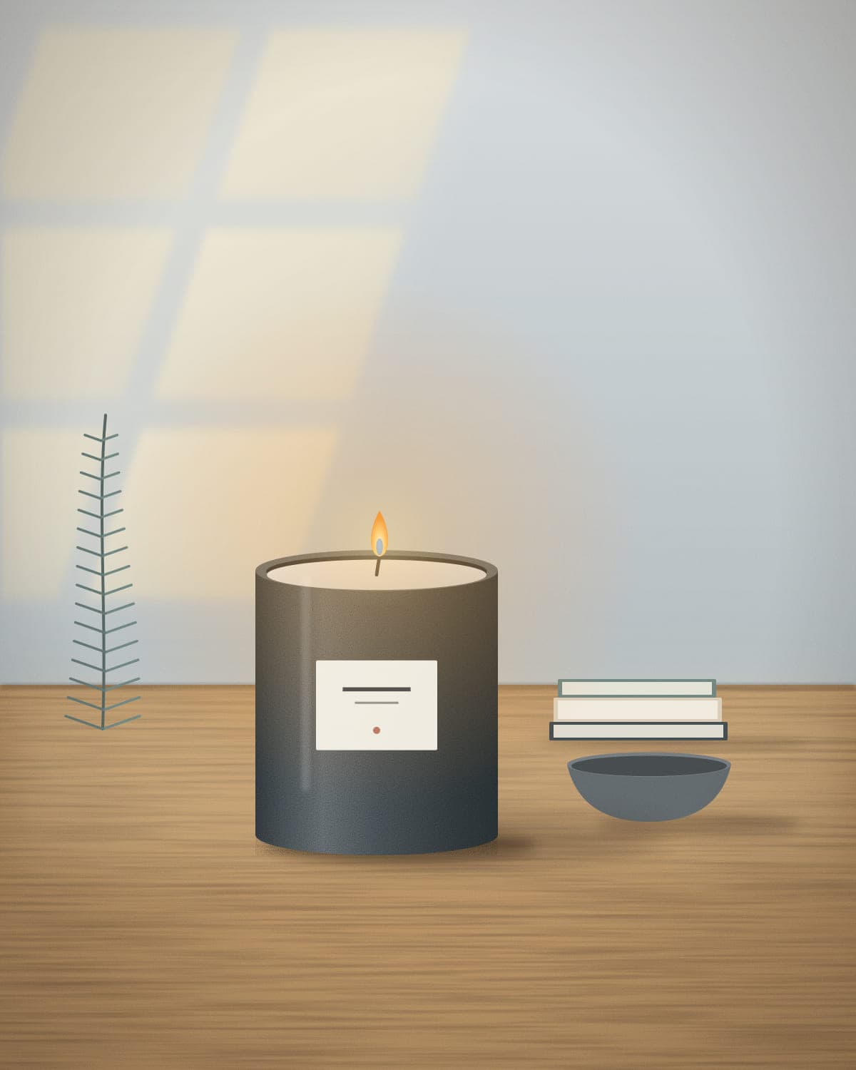 Rimfrost candle burning on a wooden table beside linen and ceramics
